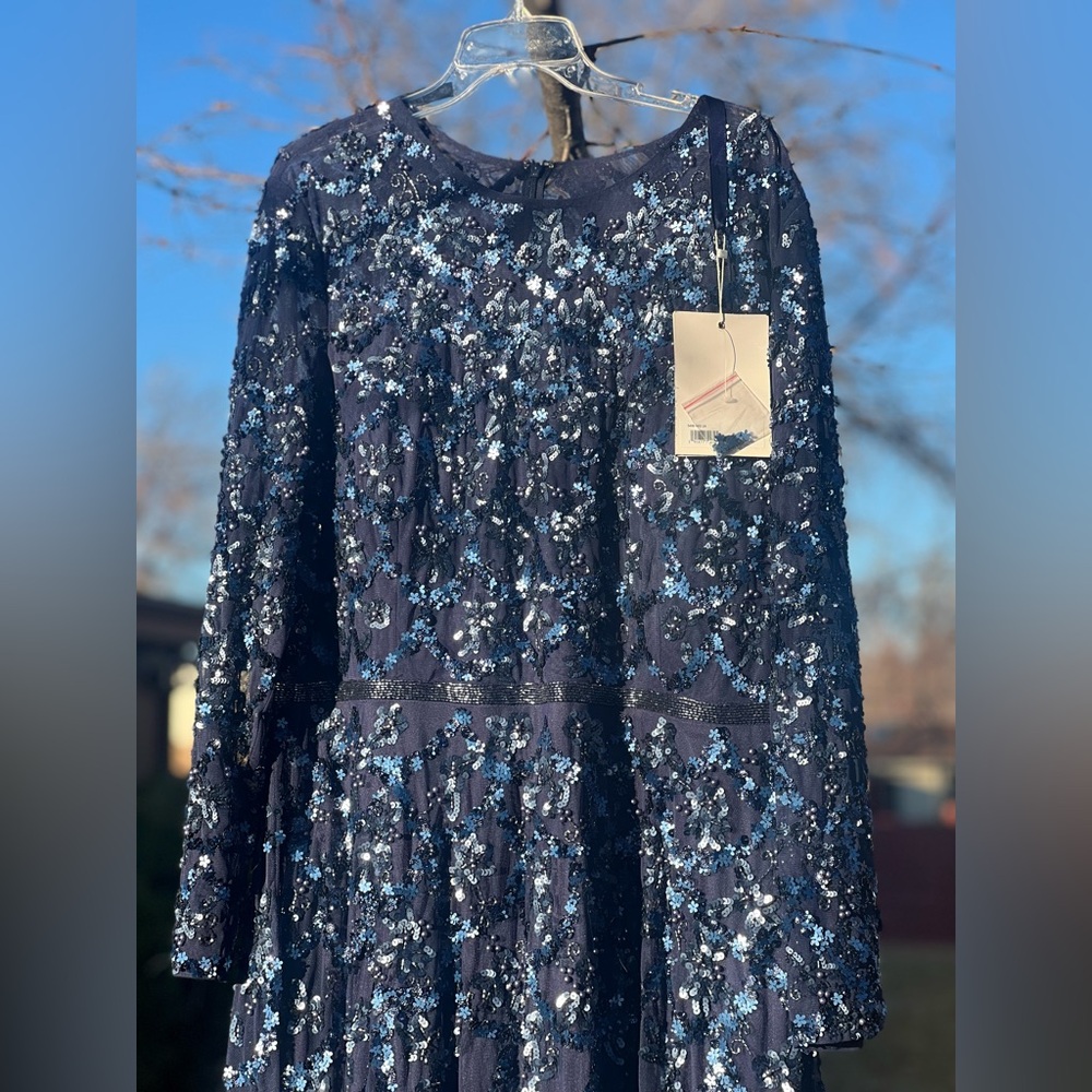 MAC DUGGAL Embellished Illusion High Neck Long Sleeve A Line Gown Navy blue - Picture 7 of 16
